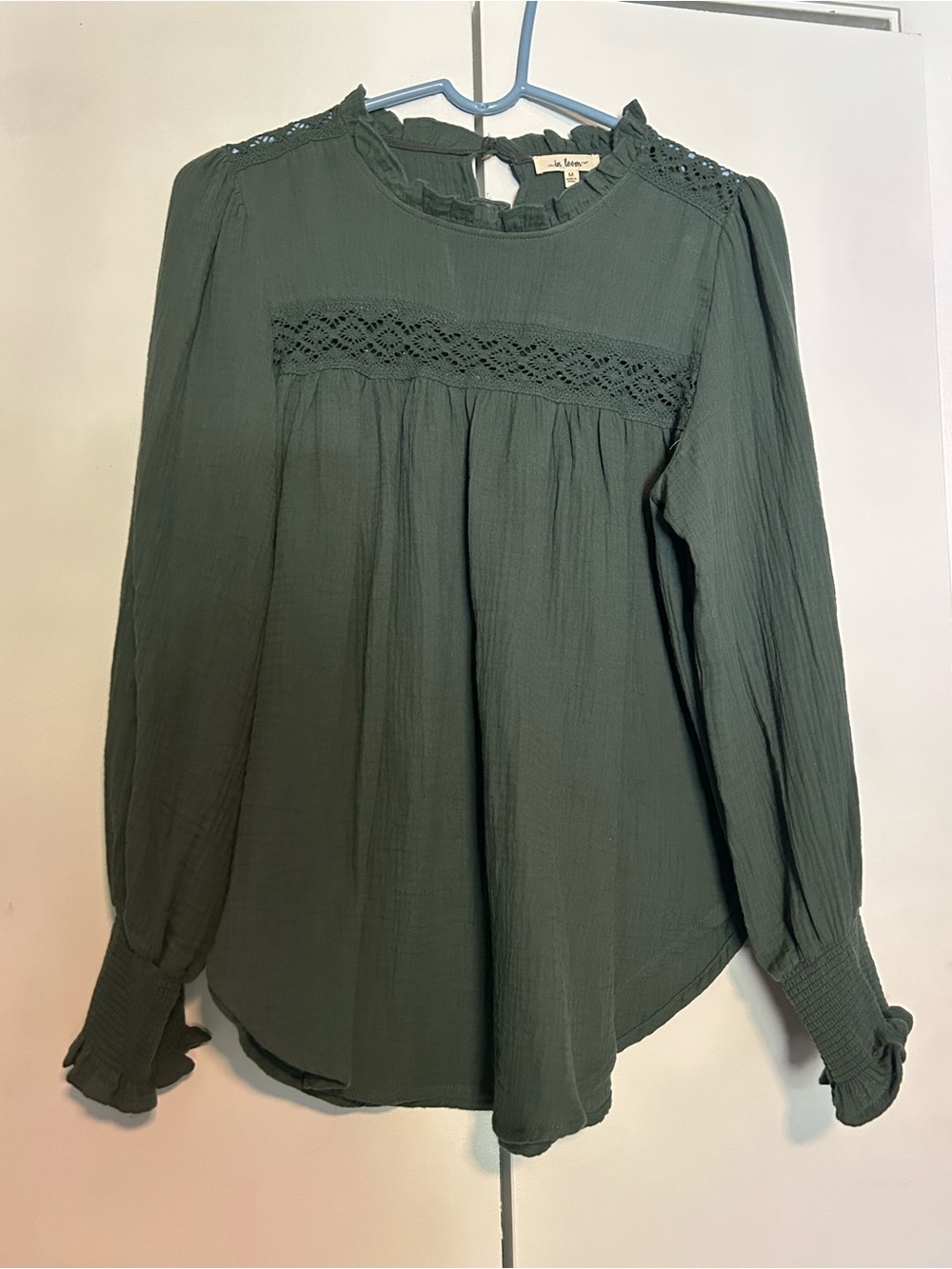 In Loom Maeve Olive Green Long-Sleeve Lace Yoke Blouse